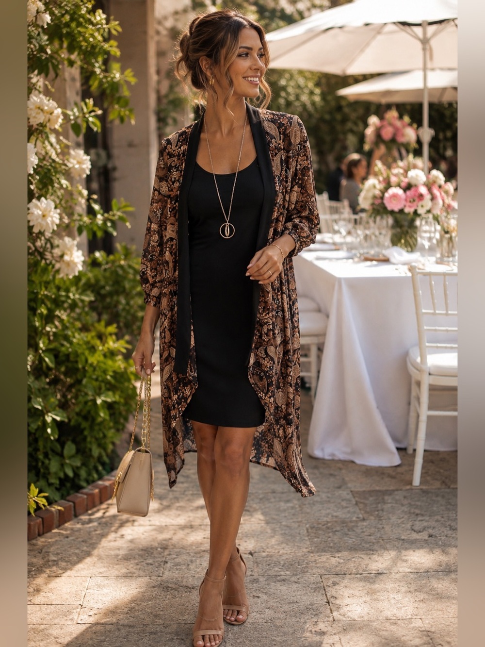 Stella & Julie Black Dress with Brown Paisley Long-Sleeve Cardigan and necklace